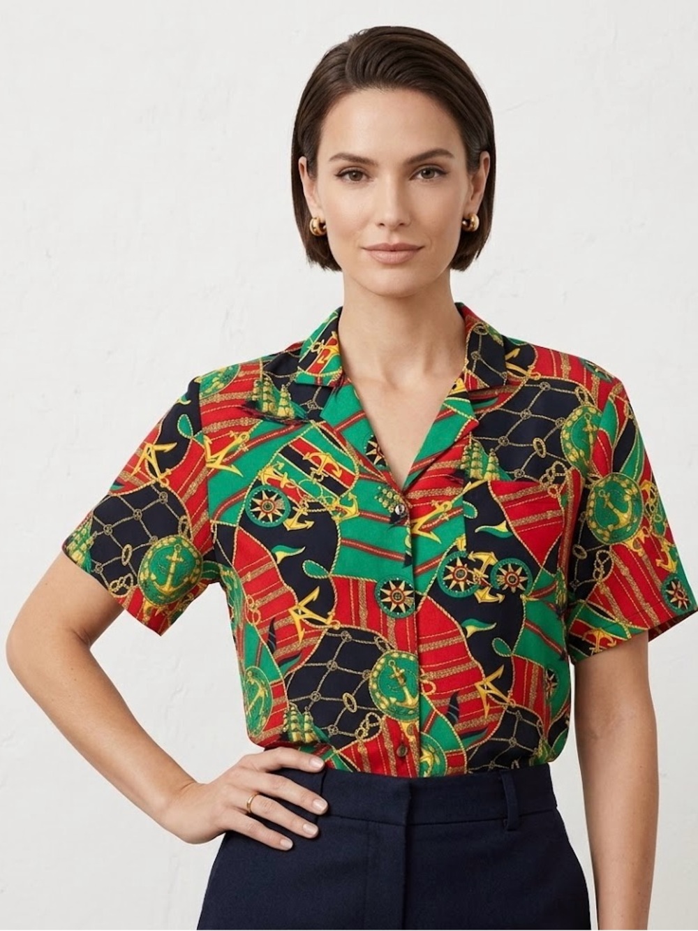 ✨ Vintage 1980's TanJay Nautical Versace Style Patterned Button Down Top Size 6